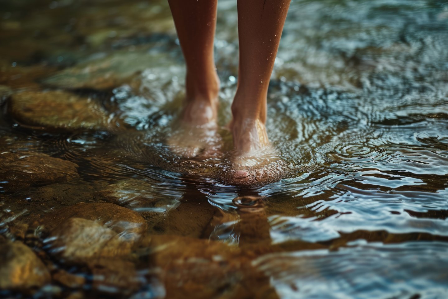 Das Bild zeigt Füße, die in klarem Wasser auf Steinen laufen.