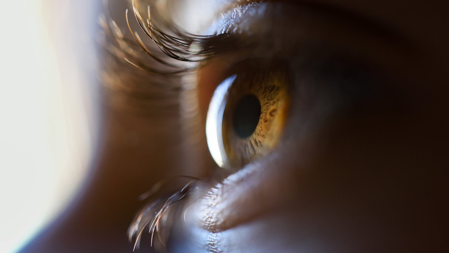 Das Foto zeigt ein braunes Auge in Nahaufnahme.